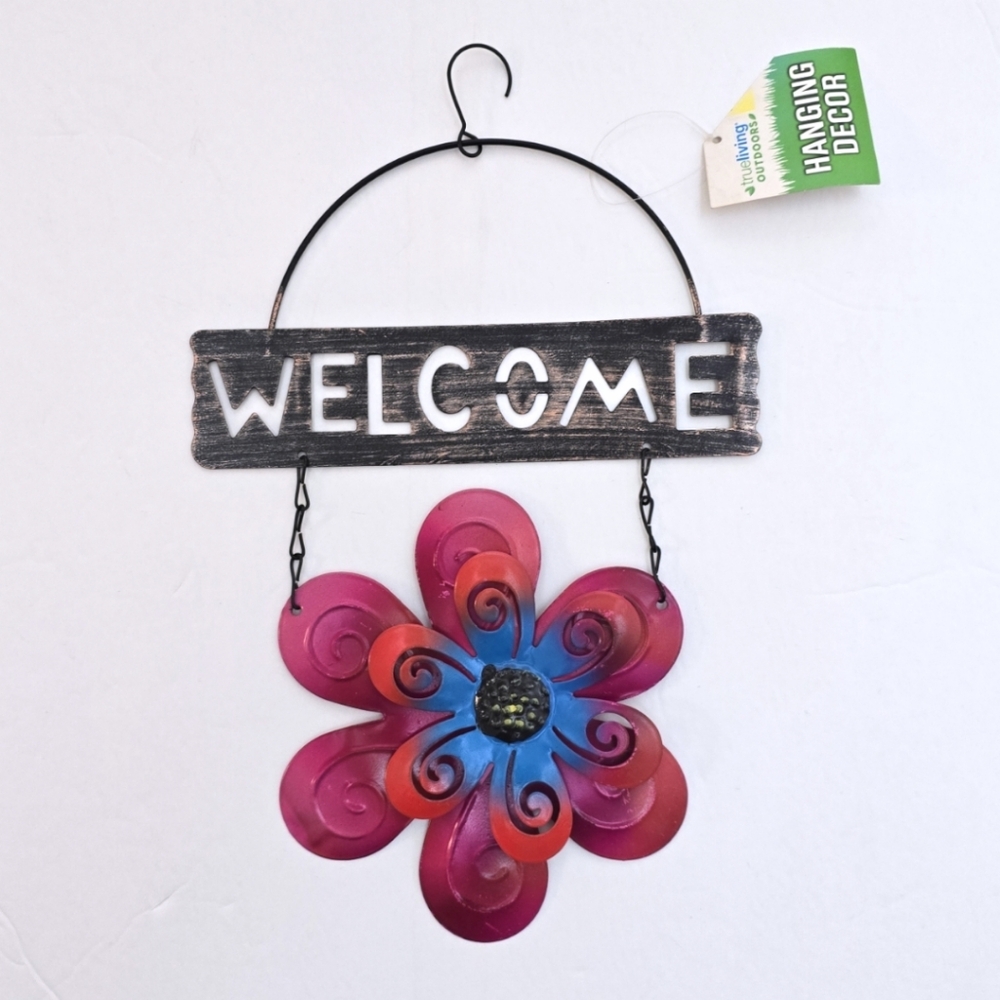 NWT Rustic Metal Welcome Sign Flower Hanging Wall Decor Outdoor Garden Porch